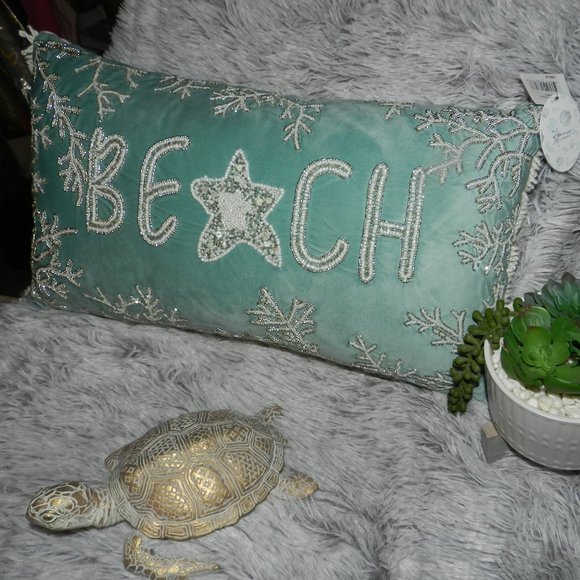 Admaira Home Beaded "Beach" Decorative Throw Statement Suede Pillow Aqua NWT - Picture 1 of 15